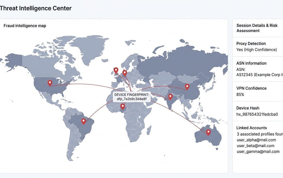 Botnet and proxy detection map showing device reuse across geographies
